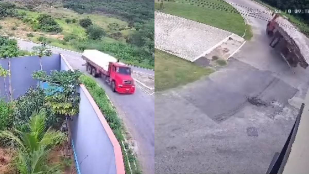 🚨 Caminhão tomba em rotatória de Juru, na Paraíba, e motorista cai da cabine; veja vídeo