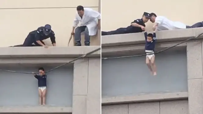 Menino de 3 anos é resgatado após ficar preso em parapeito