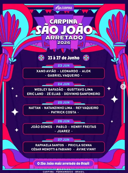 São João de Carpina 2026: prefeitura divulga programação completa com grandes atrações